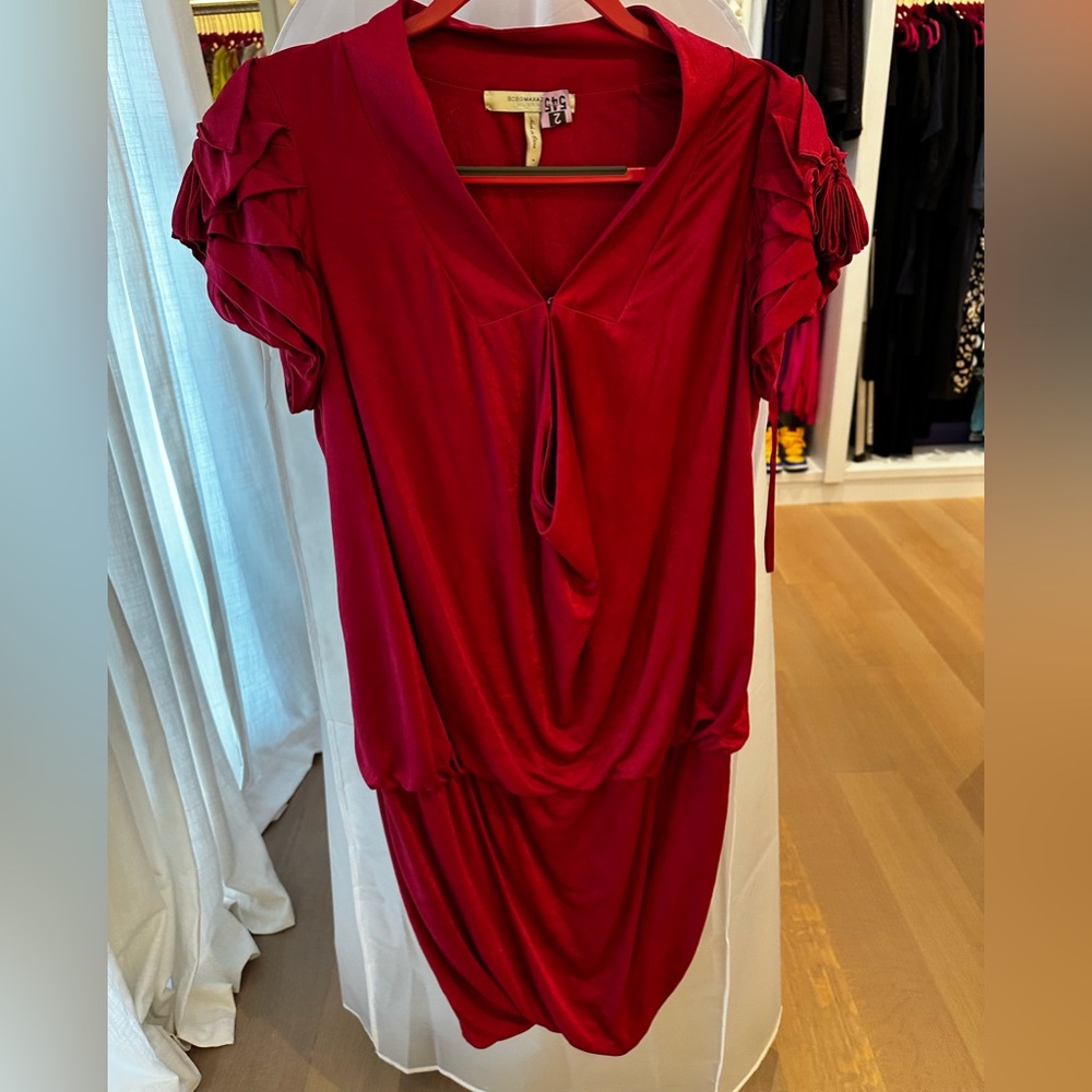 BCBGMAXAZRIA Runway Darted-Sleeve Pink Berry Dress